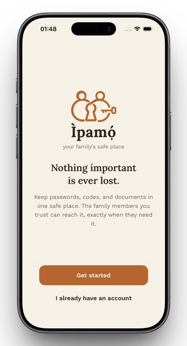 Ìpamọ́ welcome screen